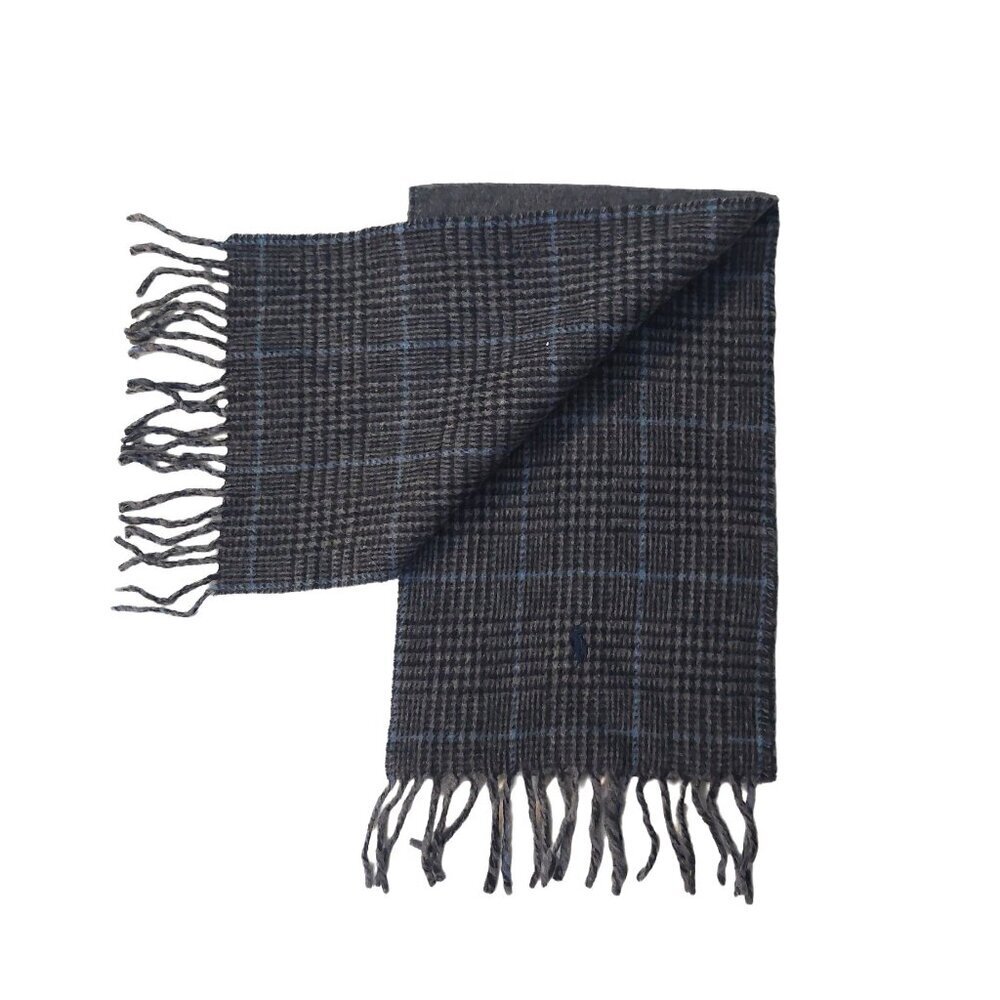 POLO Ralph Lauren Light Blue Black Gray Plaid Reversible Scarf Embroidered Logo - Picture 3 of 7